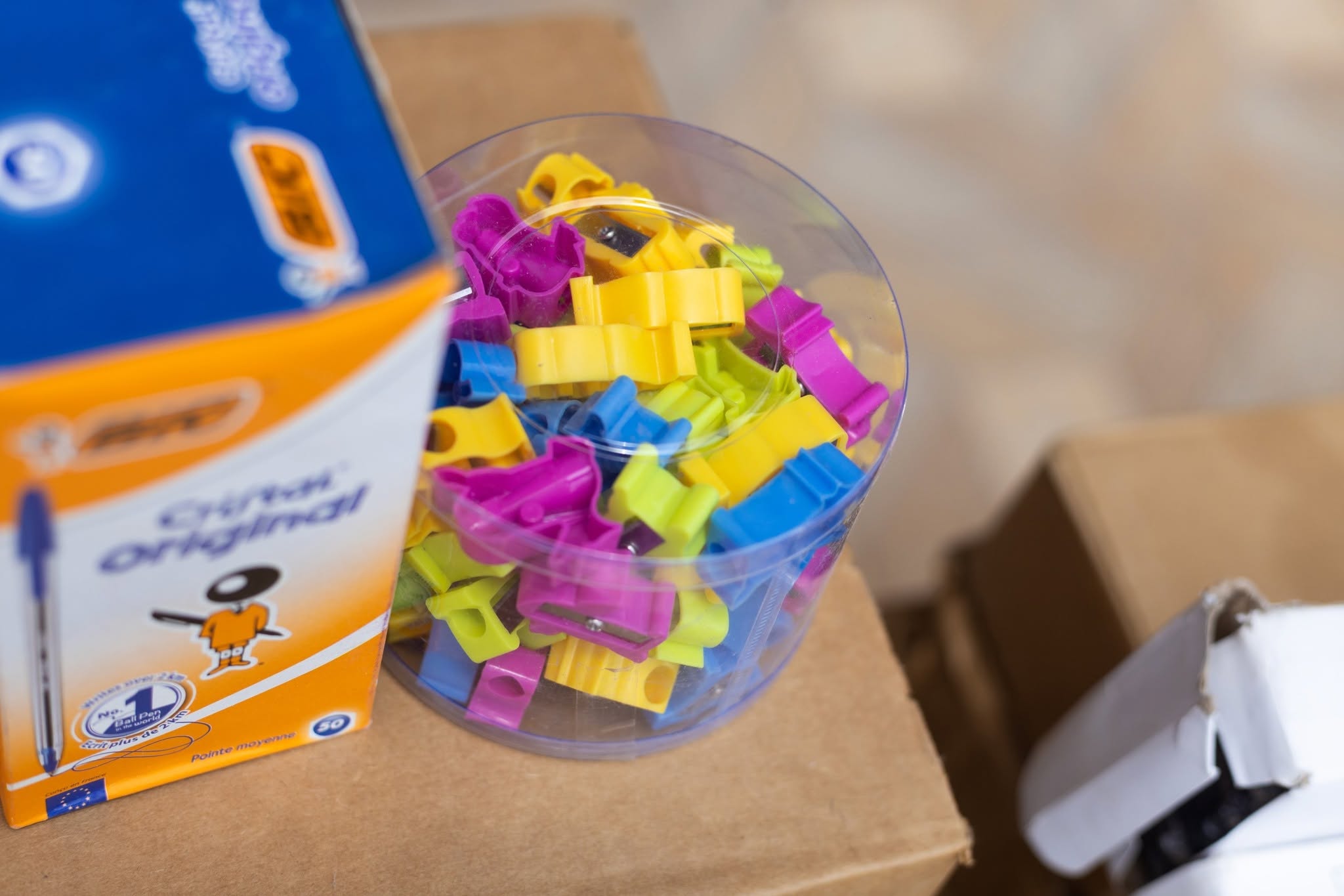 Pens and colourful pencil sharpeners